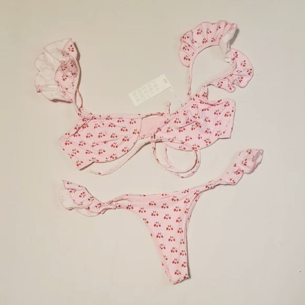 NWT Frankie's Bikinis Birdie Top & Divine Bottom Set - Baby Berry Print - sz M